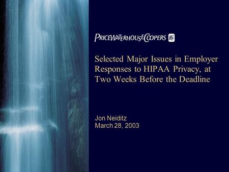 Selected Major Issues in Employer Responses to HIPAA Privacy, at Two Weeks Before the Deadline Jon Neiditz March 28, 2003.