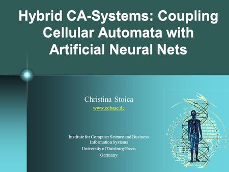 Hybrid CA-Systems: Coupling Cellular Automata with Artificial Neural Nets Christina Stoica www.cobasc.de Institute for Computer Science and Business Information.