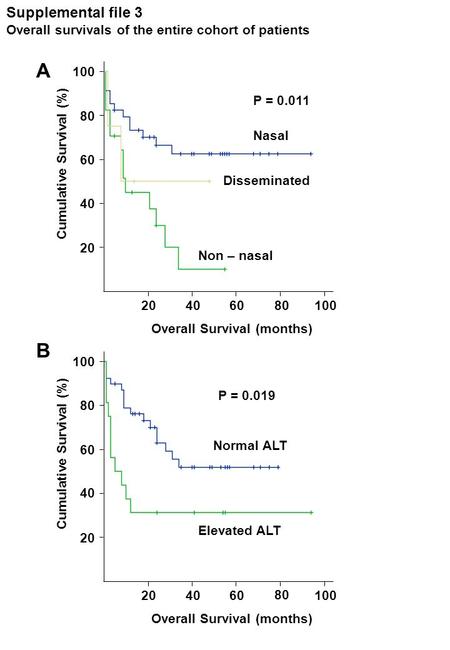 Supplemental file 3 Overall survivals of the entire cohort of patients 204060 80 100 20 40 60 80 100 Overall Survival (months) Cumulative Survival (%)