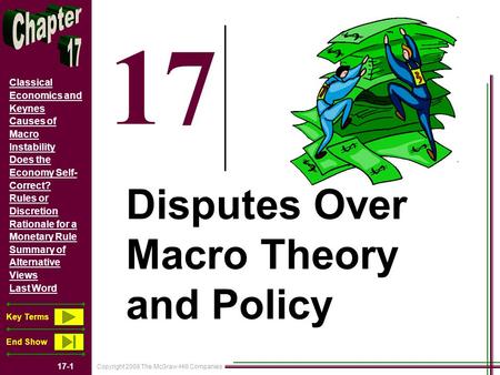 Copyright 2008 The McGraw-Hill Companies 17-1 Classical Economics and Keynes Causes of Macro Instability Does the Economy Self- Correct? Rules or Discretion.