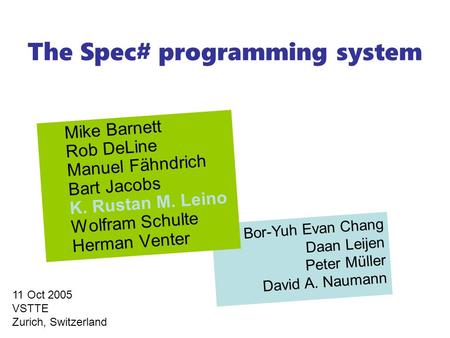 Bor-Yuh Evan Chang Daan Leijen Peter Müller David A. Naumann The Spec# programming system Mike Barnett Rob DeLine Manuel Fähndrich Bart Jacobs K. Rustan.