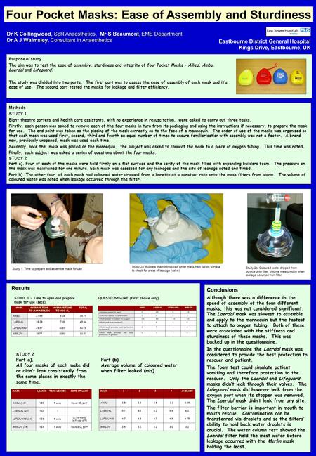 Four Pocket Masks: Ease of Assembly and Sturdiness Dr K Collingwood, SpR Anaesthetics, Mr S Beaumont, EME Department Dr A J Walmsley, Consultant in Anaesthetics.