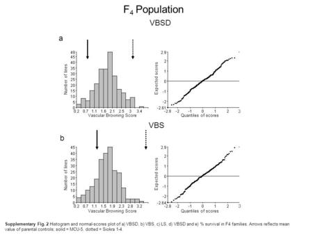 F 4 Population VBSD Quantiles of scores Expected scores Vascular Browning Score Number of lines VBS Quantiles of scores Expected scores Vascular Browning.