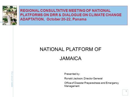 Www.unisdr.org 1 REGIONAL CONSULTATIVE MEETING OF NATIONAL PLATFORMS ON DRR & DIALOGUE ON CLIMATE CHANGE ADAPTATION, October 20-22, Panama NATIONAL PLATFORM.