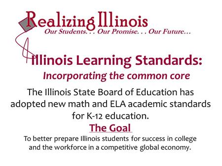 Illinois Learning Standards: Incorporating the common core The Illinois State Board of Education has adopted new math and ELA academic standards for K-12.