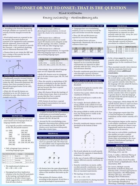 TO ONSET OR NOT TO ONSET: THAT IS THE QUESTION Rina Kreitman Emory University – According to the Sonority Sequencing Principle syllables.