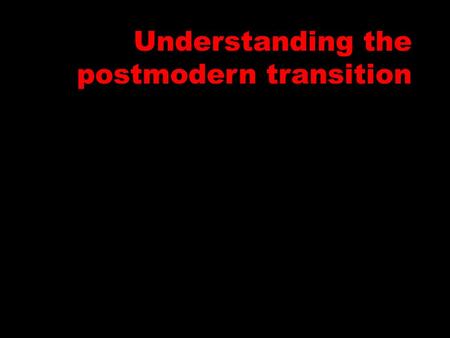 Understanding the postmodern transition. Living in a post-Christendom, post-modern, post- Enlightenment, post-evangelical, post-liberal, post-colonial,