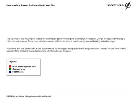 ROCKET NORTH ©2004 Rocket North - Proprietary and Confidential User Interface Screens for Future Works Web Site Legend: Main Branding/Nav area Content.