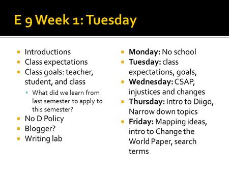 Introductions Class expectations Class goals: teacher, student, and class What did we learn from last semester to apply to this semester? No D Policy Blogger?