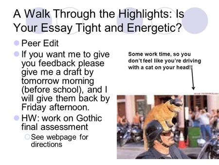 A Walk Through the Highlights: Is Your Essay Tight and Energetic? Peer Edit If you want me to give you feedback please give me a draft by tomorrow morning.