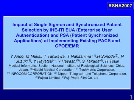 RSNA2007 Impact of Single Sign-on and Synchronized Patient Selection by IHE-ITI EUA (Enterprise User Authentication) and PSA (Patient Synchronized Applications)