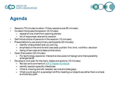 Agenda Session (75 minutes duration, Friday sessions are 90 minutes) Co-lead introduces the session (5 minutes) –repeat of one chart from opening plenary.