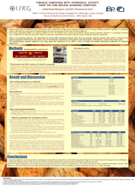 PHENOLIC COMPOUNDS WITH ANTIRADICAL ACTIVITY FROM THE CORK BOILING ANAEROBIC DIGESTION Isabel Paula Marques 1, Luis Gil 1, Francesco La Cara 2 1 LNEG –