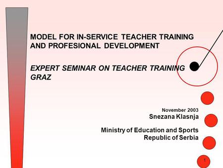 1 MODEL FOR IN-SERVICE TEACHER TRAINING AND PROFESIONAL DEVELOPMENT EXPERT SEMINAR ON TEACHER TRAINING GRAZ November 2003 Snezana Klasnja Ministry of Education.