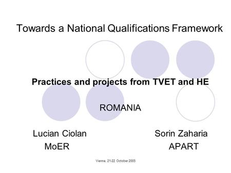 Vienna, 21-22 October 2005 Towards a National Qualifications Framework Practices and projects from TVET and HE ROMANIA Lucian Ciolan Sorin Zaharia MoER.