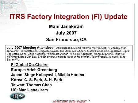 ITRS Factory Integration (FI) Update