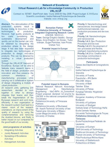 Romanian Partner Politehnica University of Timisoara Integrated Engineering Research Centre (CNCSIS 103/CC-C) Team: George Draghici (leader), George Belgiu,