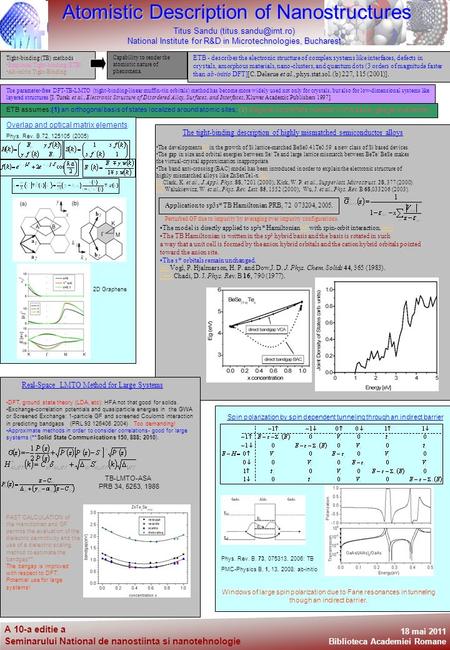 A 10-a editie a Seminarului National de nanostiinta si nanotehnologie 18 mai 2011 Biblioteca Academiei Romane Tight-binding (TB) methods: Empirical Tight-binding.