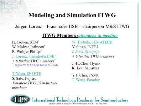 DRAFT – Work In Progress - NOT FOR PUBLICATION 13 July 2005 Modeling and Simulation ITWG Jürgen Lorenz – Fraunhofer IISB – chairperson M&S ITWG ITWG Members.