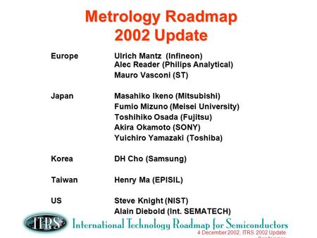 4 December 2002, ITRS 2002 Update Conference Metrology Roadmap 2002 Update EuropeUlrich Mantz (Infineon) Alec Reader (Philips Analytical) Mauro Vasconi.