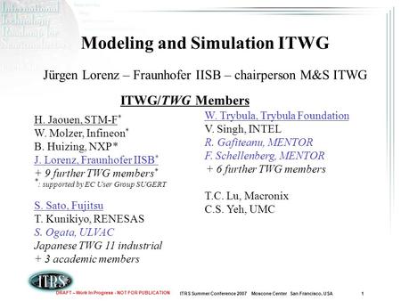 ITRS Summer Conference 2007 Moscone Center San Francisco, USA 1 DRAFT – Work In Progress - NOT FOR PUBLICATION Modeling and Simulation ITWG Jürgen Lorenz.