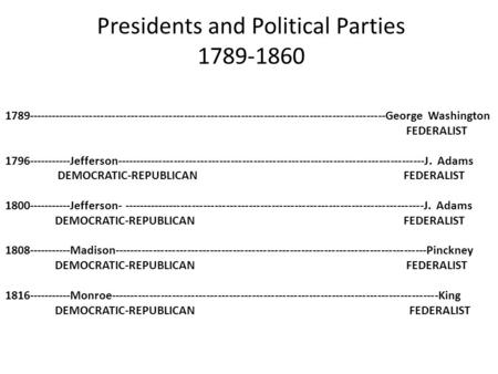 Presidents and Political Parties 1789-1860 1789----------------------------------------------------------------------------------------------George Washington.