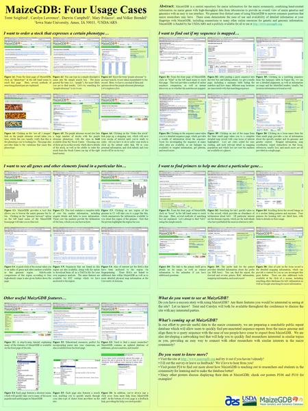 MaizeGDB: Four Usage Cases Trent Seigfried 1, Carolyn Lawrence 1, Darwin Campbell 1, Mary Polacco 2, and Volker Brendel 1 1 Iowa State University, Ames,