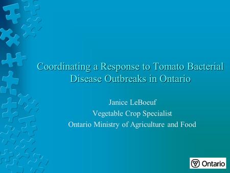 Coordinating a Response to Tomato Bacterial Disease Outbreaks in Ontario Janice LeBoeuf Vegetable Crop Specialist Ontario Ministry of Agriculture and Food.