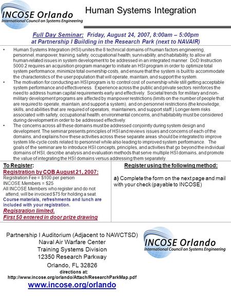 Full Day Seminar: Friday, August 24, 2007, 8:00am – 5:00pm at Partnership I Building in the Research Park (next to NAVAIR) To Register: Registration by.