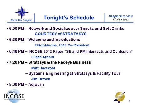 Chapter Overview 17 May 2012 North Star Chapter 1 Tonights Schedule 6:00 PM – Network and Socialize over Snacks and Soft Drinks COURTESY of STRATASYS 6:30.