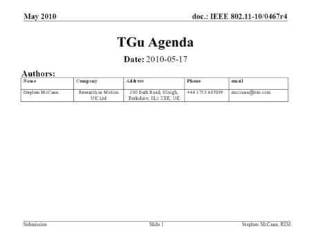 Doc.: IEEE 802.11-10/0467r4 Submission May 2010 Stephen McCann, RIMSlide 1 TGu Agenda Date: 2010-05-17 Authors: