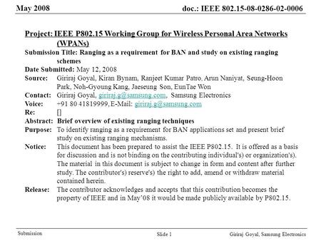 May 2008 doc.: IEEE 802.15-08-0286-02-0006 Giriraj Goyal, Samsung Electronics Submission Slide 1 Project: IEEE P802.15 Working Group for Wireless Personal.