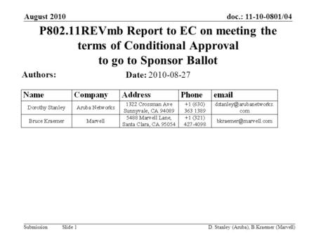 Doc.: 11-10-0801/04 Submission August 2010 D. Stanley (Aruba), B.Kraemer (Marvell) Slide 1 P802.11REVmb Report to EC on meeting the terms of Conditional.