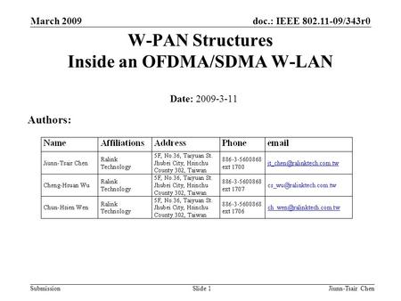 Doc.: IEEE 802.11-09/343r0 Submission March 2009 Jiunn-Tsair ChenSlide 1 W-PAN Structures Inside an OFDMA/SDMA W-LAN Date: 2009-3-11 Authors: