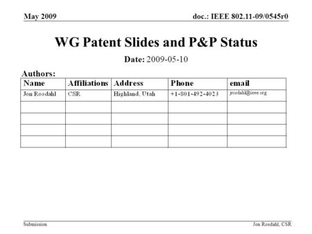 Doc.: IEEE 802.11-09/0545r0 Submission May 2009 Jon Rosdahl, CSR WG Patent Slides and P&P Status Date: 2009-05-10 Authors: