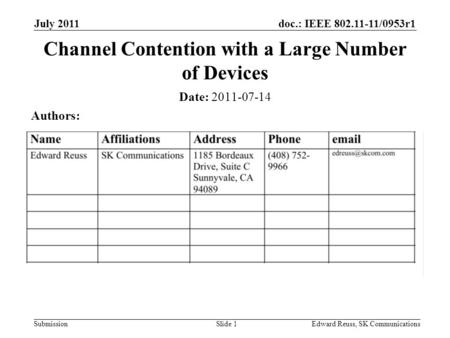 Doc.: IEEE 802.11-11/0953r1 Submission July 2011 Edward Reuss, SK CommunicationsSlide 1 Channel Contention with a Large Number of Devices Date: 2011-07-14.