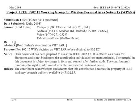 Doc.: IEEE 15-08-0478-01-003c TG3c May 2008 R. Fisher, Oki Electric Industry co. LtdSlide 1 Project: IEEE P802.15 Working Group for Wireless Personal Area.