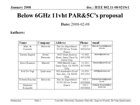 Doc.: IEEE 802.11-08/0219r1 Submission January 2008 Courville (Motorola), Kraemer (Marvell), Engwer (Nortel), De Vegt (Qualcomm)Slide 1 Below 6GHz 11vht.