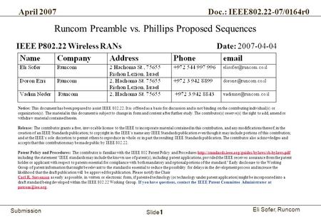 1Runcom Technologies Ltd. Submission Eli Sofer, Runcom April 2007 Doc.: IEEE802.22-07/0164r0 Slide 1 Runcom Preamble vs. Phillips Proposed Sequences IEEE.