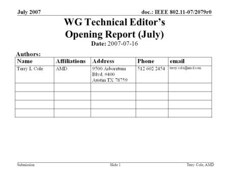 Doc.: IEEE 802.11-07/2079r0 Submission July 2007 Terry Cole, AMDSlide 1 WG Technical Editors Opening Report (July) Date: 2007-07-16 Authors: