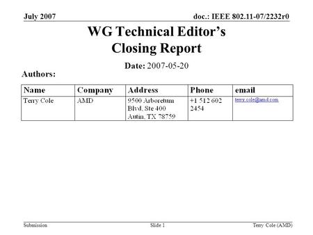 Submission doc.: IEEE 802.11-07/2232r0July 2007 Terry Cole (AMD)Slide 1 WG Technical Editors Closing Report Date: 2007-05-20 Authors: