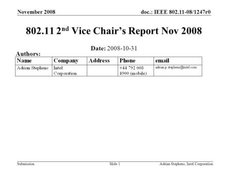 Doc.: IEEE 802.11-08/1247r0 Submission November 2008 Adrian Stephens, Intel CorporationSlide 1 802.11 2 nd Vice Chairs Report Nov 2008 Date: 2008-10-31.