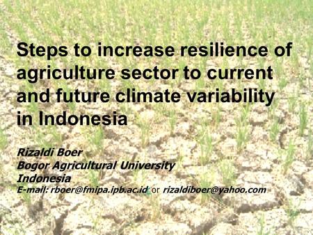 Steps to increase resilience of agriculture sector to current and future climate variability in Indonesia Rizaldi Boer Bogor Agricultural University Indonesia.