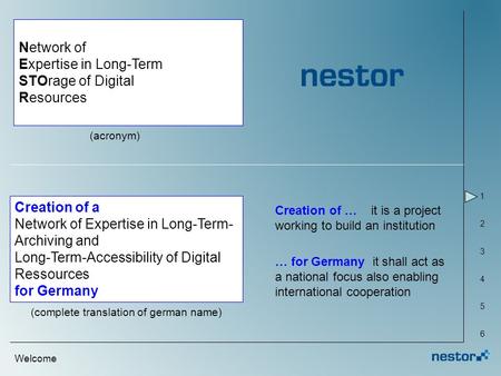 1 2 3 4 5 6 Network of Expertise in Long-Term STOrage of Digital Resources Creation of a Network of Expertise in Long-Term- Archiving and Long-Term-Accessibility.