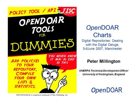 Peter Millington SHERPA Technical Development Officer University of Nottingham, England OpenDOAR Charts Digital Repositories: Dealing with the Digital.