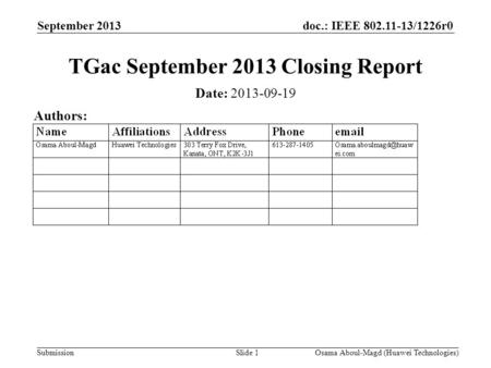 Doc.: IEEE 802.11-13/1226r0 Submission September 2013 Osama Aboul-Magd (Huawei Technologies)Slide 1 TGac September 2013 Closing Report Date: 2013-09-19.