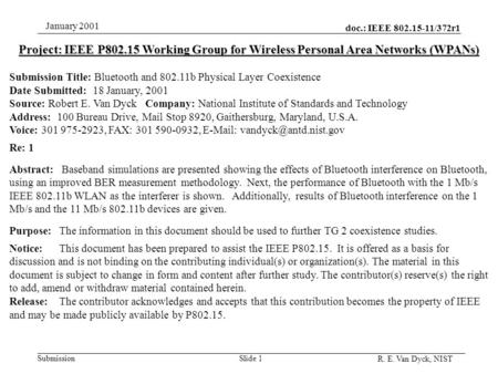 Doc.: IEEE 802.15-11/372r1 Submission R. E. Van Dyck, NIST January 2001 Slide 1 Project: IEEE P802.15 Working Group for Wireless Personal Area Networks.