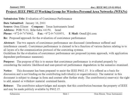 Doc.: IEEE 802.15-01/091r1 Submission January 2001 Oren Eliezer, Texas Instruments Slide 1 Project: IEEE P802.15 Working Group for Wireless Personal Area.