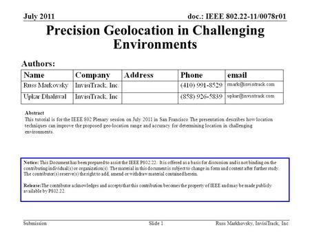 Doc.: IEEE 802.22-11/0078r01 Submission July 2011 Russ Markhovsky, InvisiTrack, Inc.Slide 1 Precision Geolocation in Challenging Environments Authors: