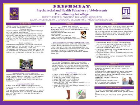 Freshmeat : Psychosocial and Health Behaviors of Adolescents Transitioning to College ALBEE THERESE S. ONGSUCO, B.S., LAURA ANDERSON, PH.D.